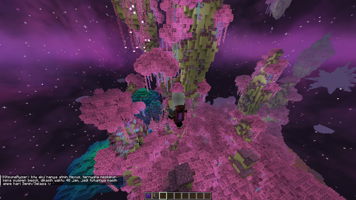 Exploring a purple forest in Minecraft