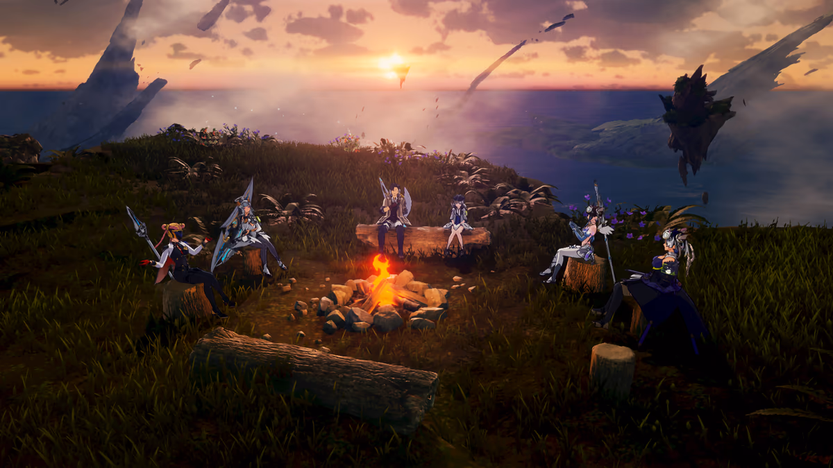A multiplayer gaming session around a campfire at sunset